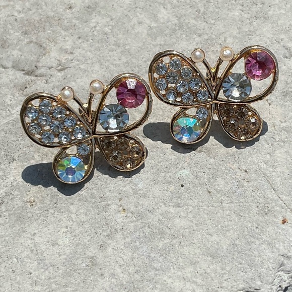 Woman's Girls Rhinestone & Faux Pearl Butterfly Design Gold Tone Earrings - Picture 1 of 10